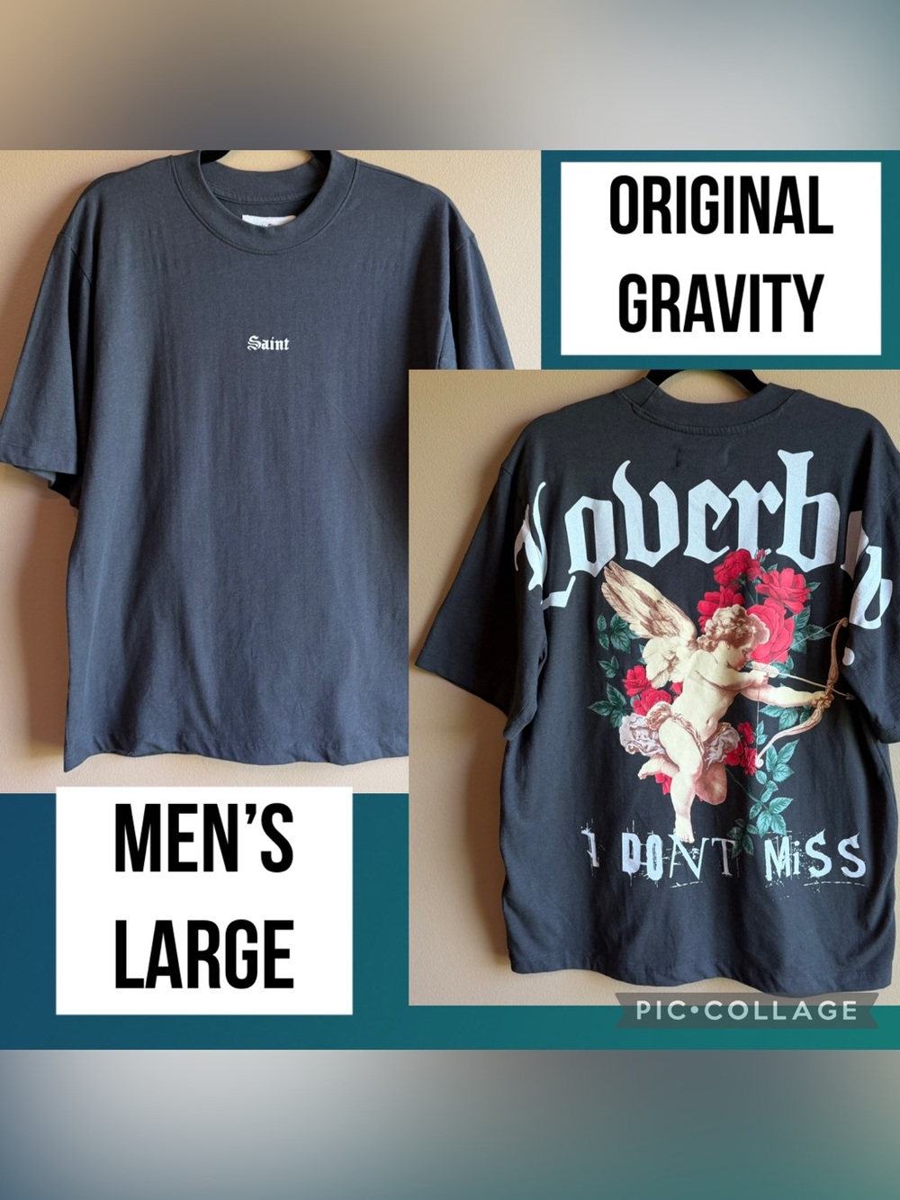 Original Gravity Mens T-Shirt Saint Loverboy Cherub Gray Graphic Tee Size Large